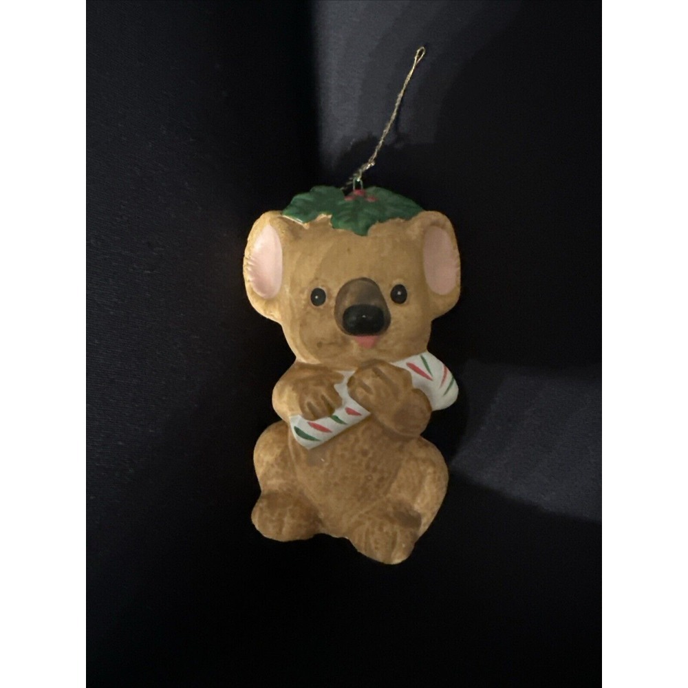 Lefton Ceramic Christmas Koala Bear Holding Striped Candy Cane 3" Tall